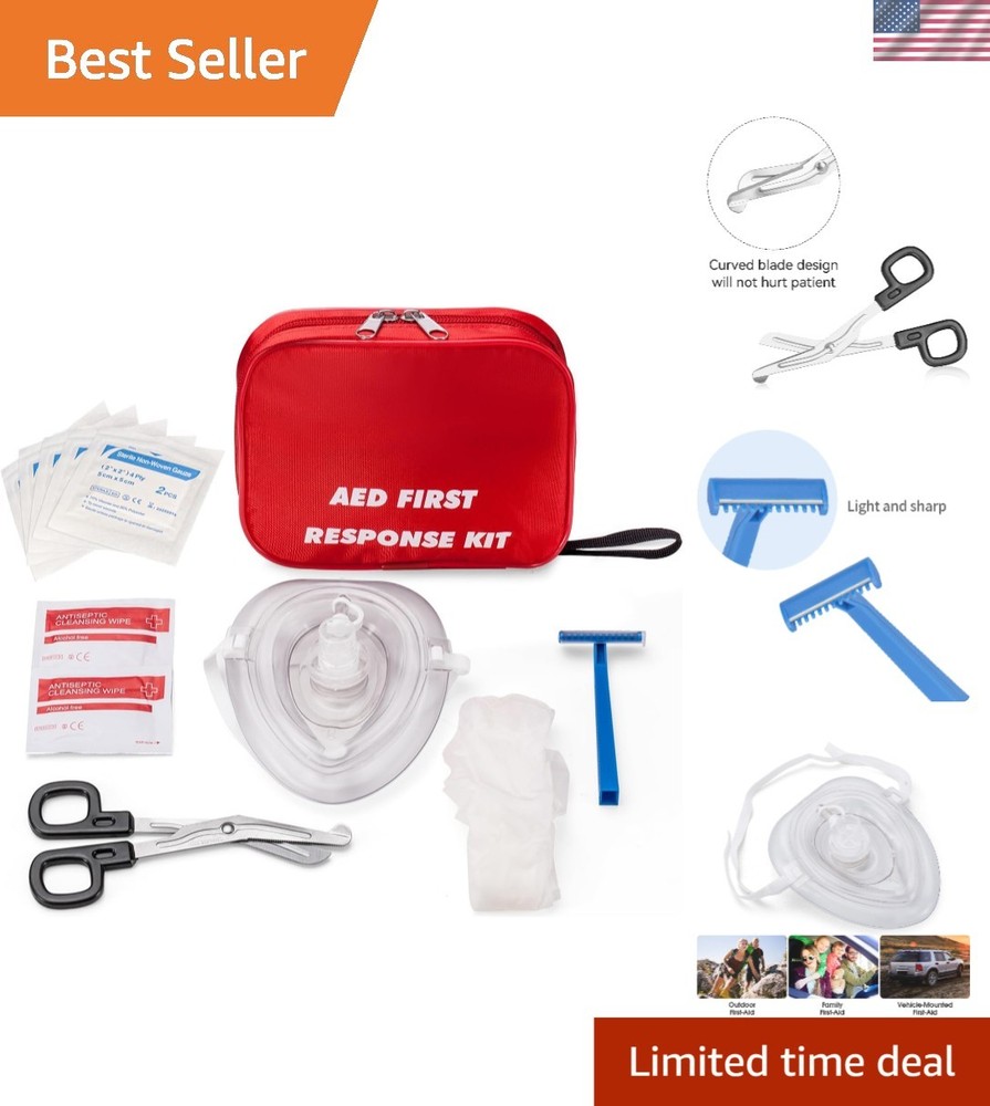 Portable AED First Kit with CPR Mask, Gloves & Scissors – Essential Safety Set